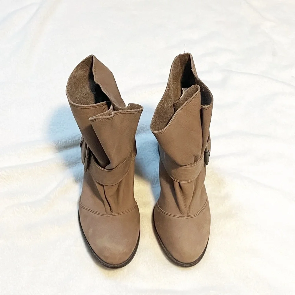 Splendid Latte Slouch Ankle Pull On Block Heel Leather Suede Boots Size 9.5M